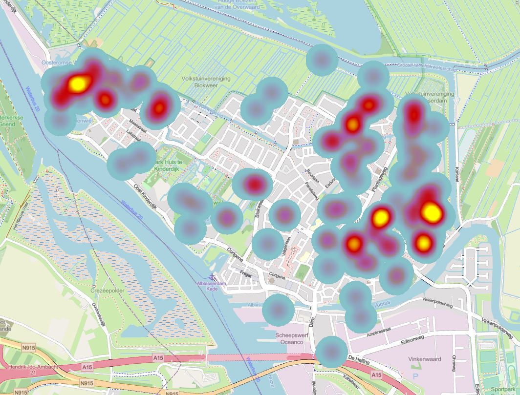 Kaart van Alblasserdam met daarop aangegeven waar de meeste overlastmeldingen zijn