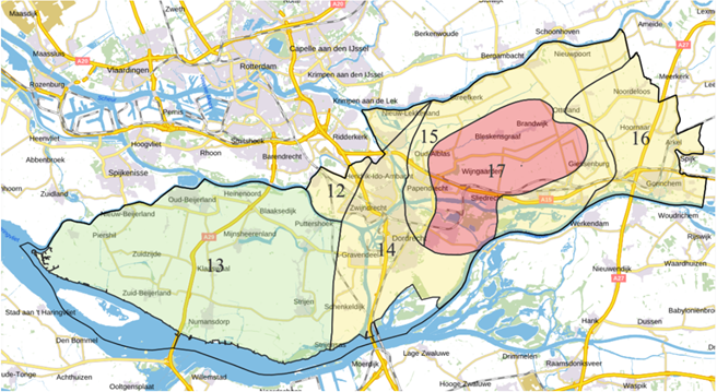 Gebiedskaart met PFOA in de grond in Zuid-Holland Zuid