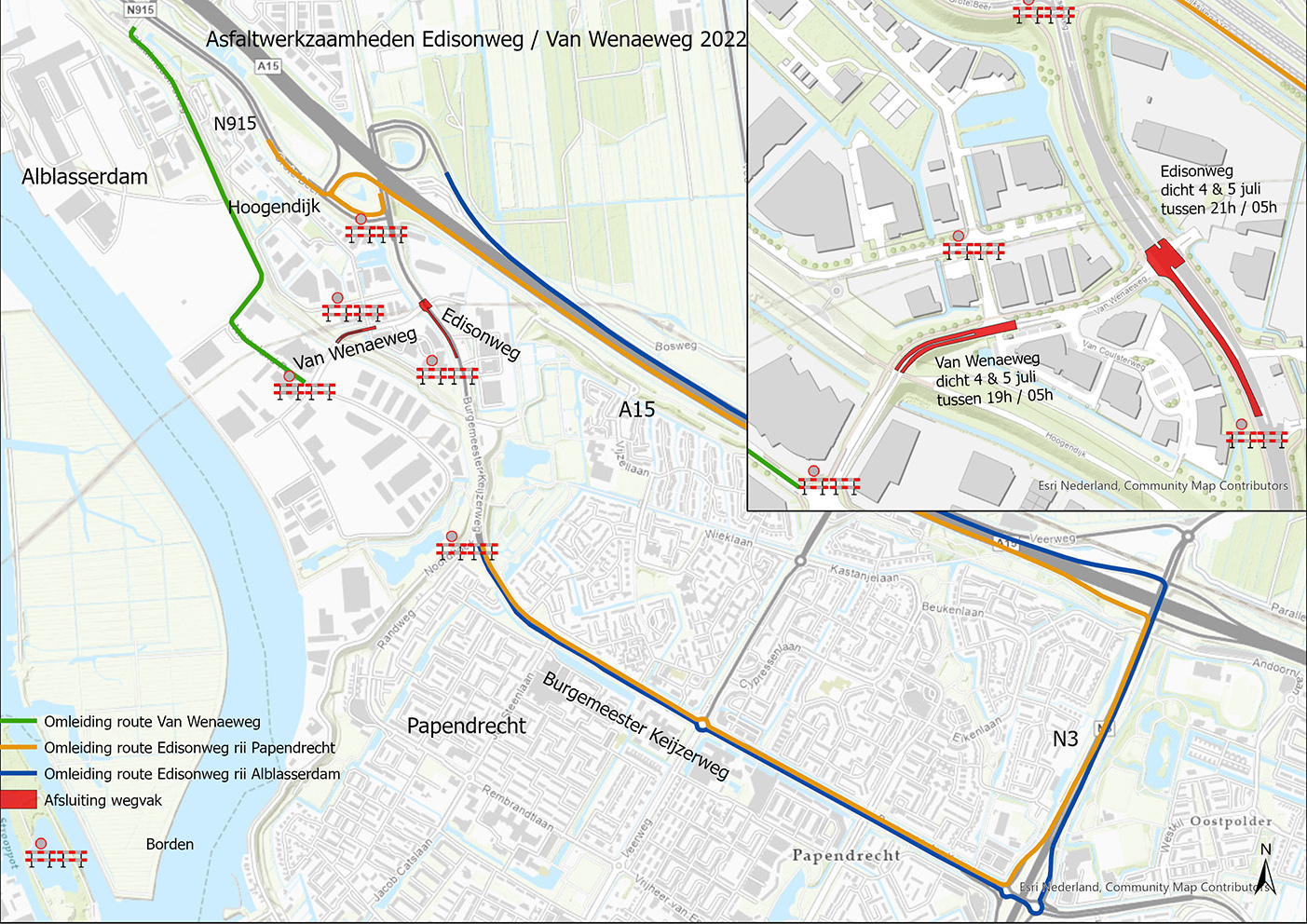 Kaart met afsluitingen en omleidingen in verband met werk aan de Van Wenaeweg en Edisonweg