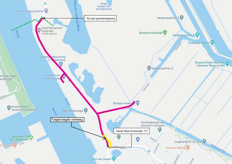 Kaart vergunningparkeren vanaf West Kinderdijk 117 tot aan de gemeentegrens met Molenlanden inclusief ventweg
